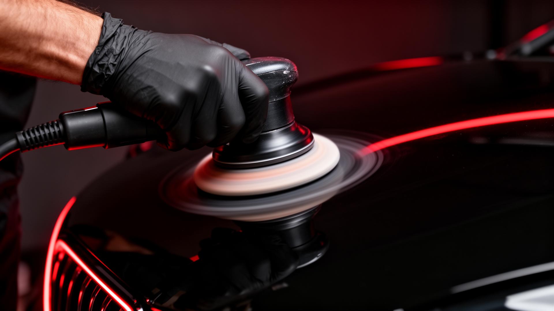 Black coupe with deep red ceramic gloss being inspected